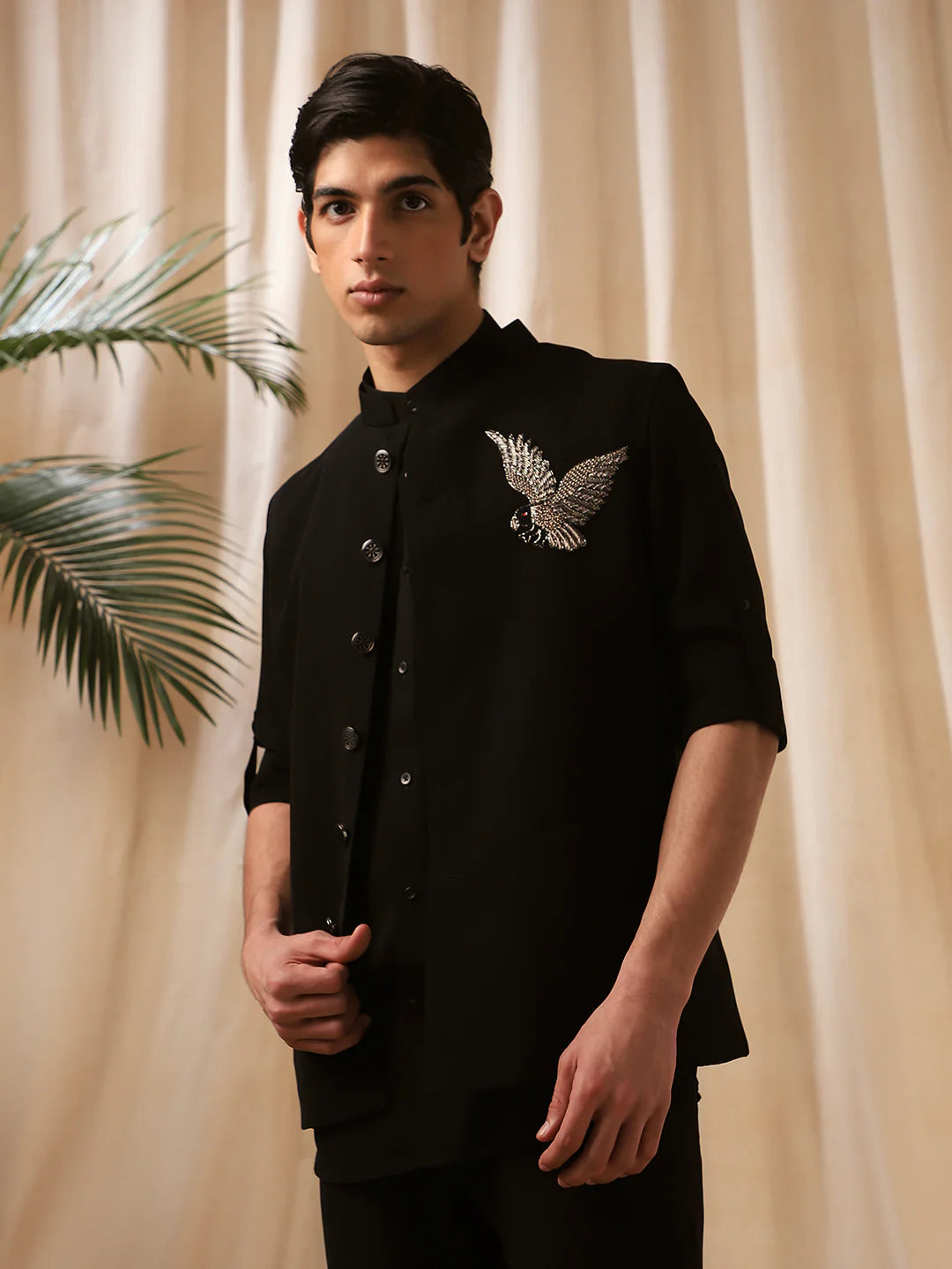 Black Rose Embroidered Bandishirt for Men