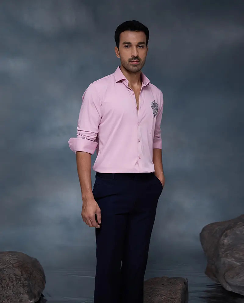 Pink Motif Embroidery Premium Cotton Slim Fit Shirt