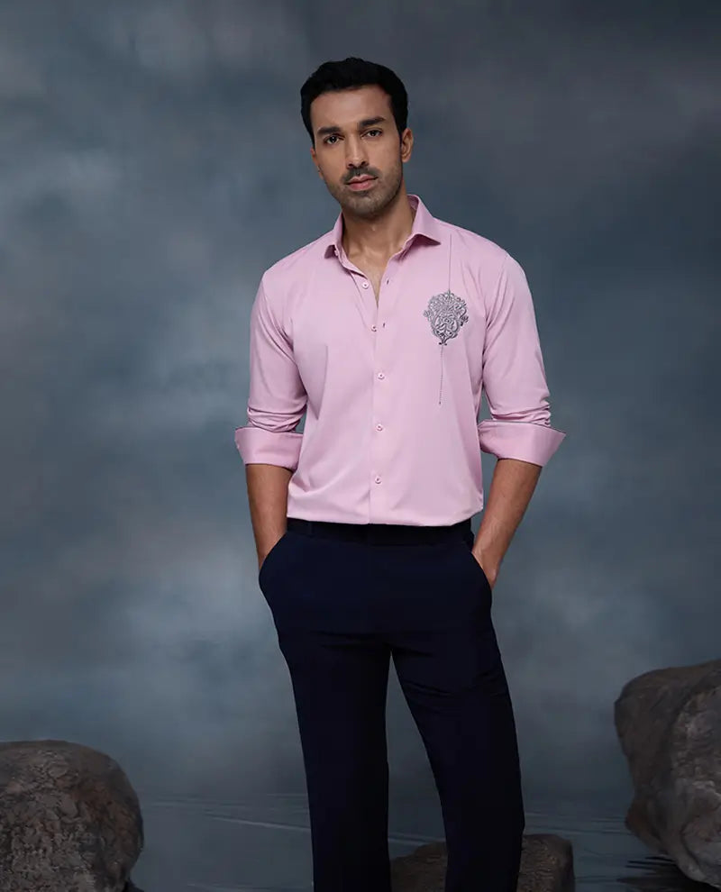 Pink Motif Embroidery Premium Cotton Slim Fit Shirt