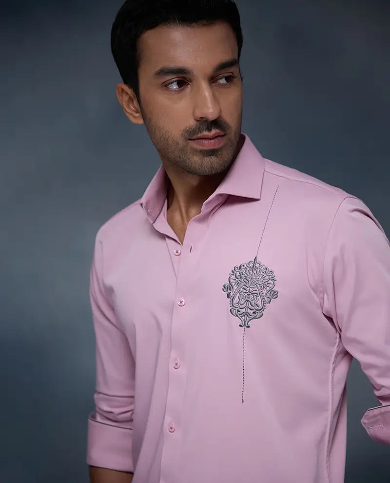 Pink Motif Embroidery Premium Cotton Slim Fit Shirt