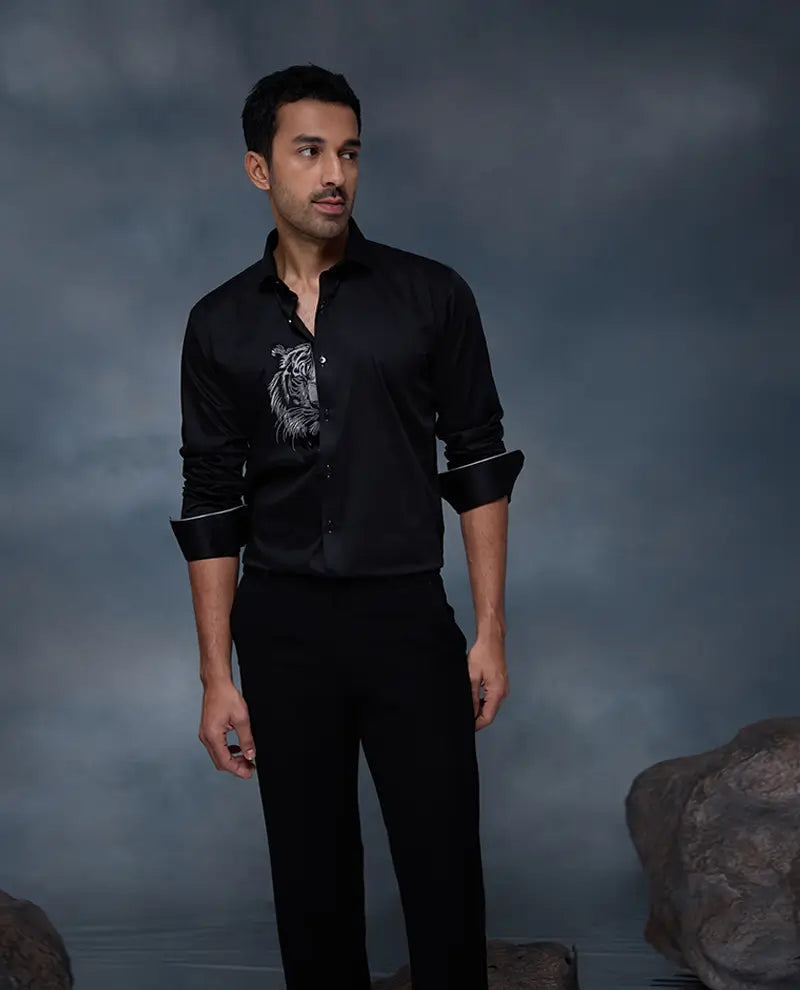 Black Tiger Motif Embroidered Premium Cotton Slim Fit Shirt