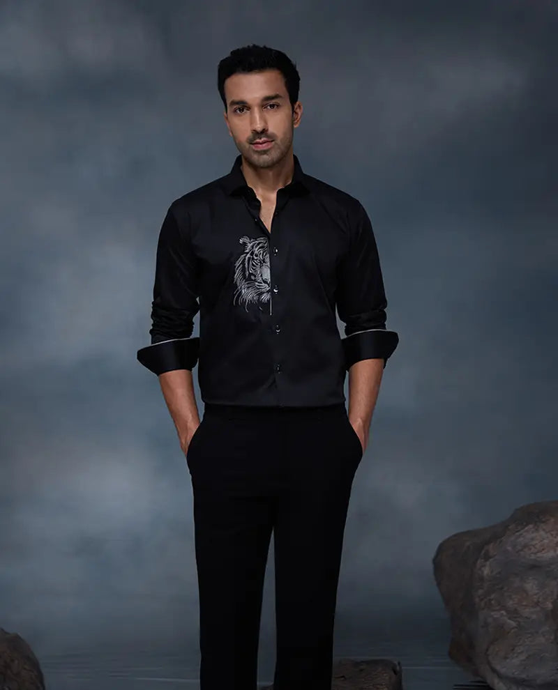 Black Tiger Motif Embroidered Premium Cotton Slim Fit Shirt
