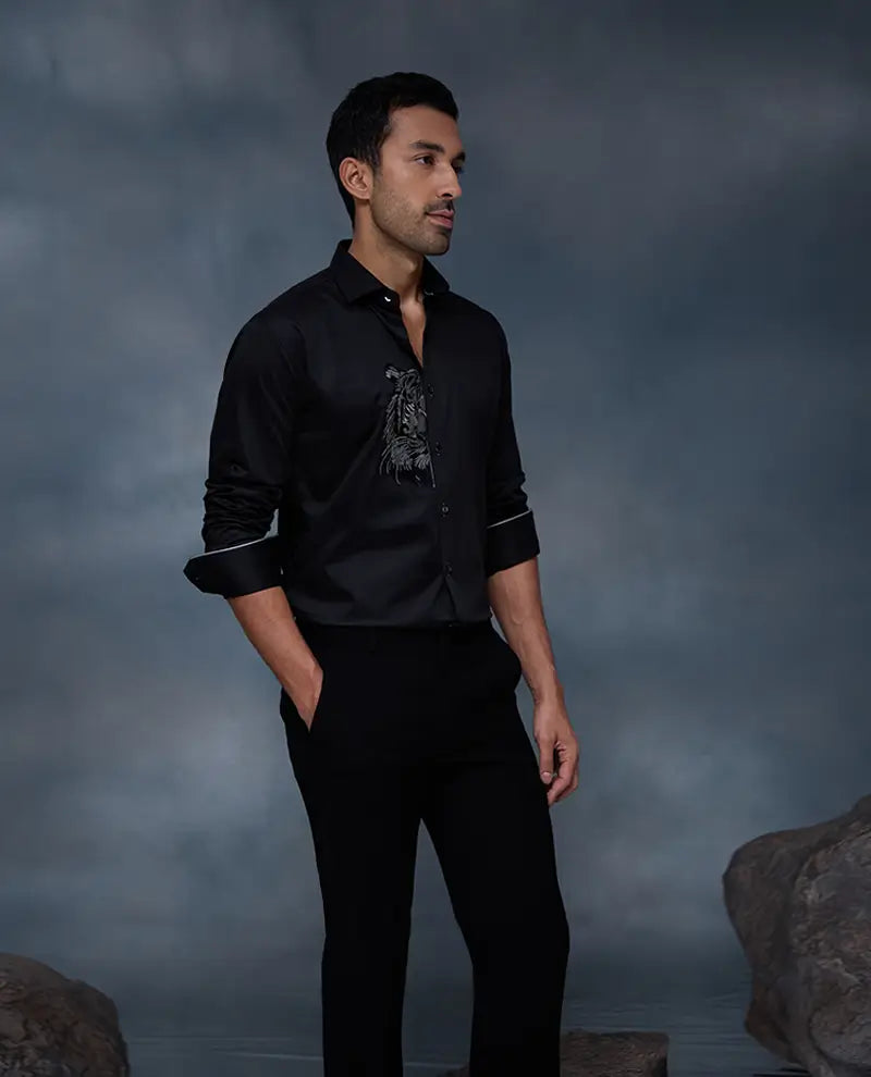 Black Tiger Motif Embroidered Premium Cotton Slim Fit Shirt