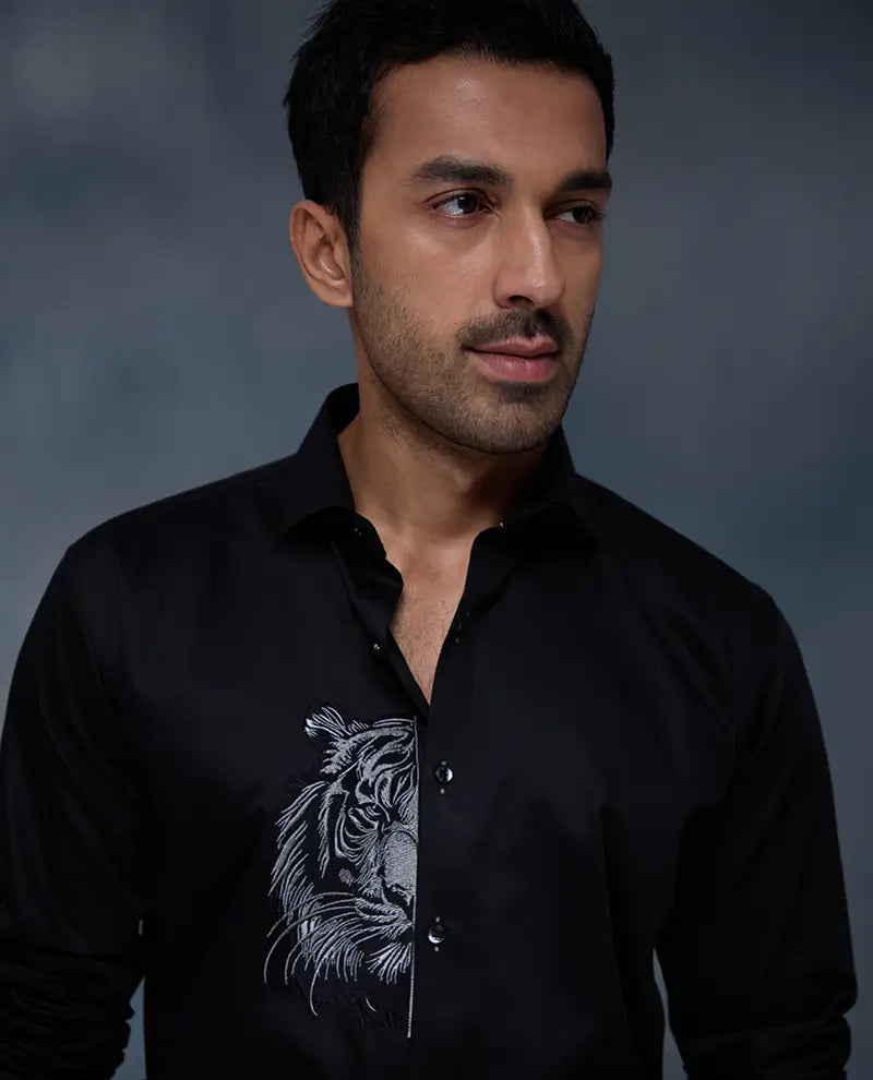 Black Tiger Motif Embroidered Premium Cotton Slim Fit Shirt