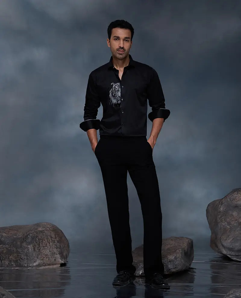 Black Tiger Motif Embroidered Premium Cotton Slim Fit Shirt