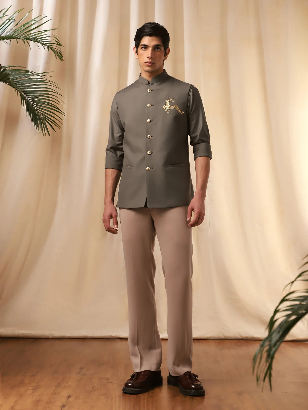 Olive Terry rayon Embroidered Full Sleeve Bandi Shirt