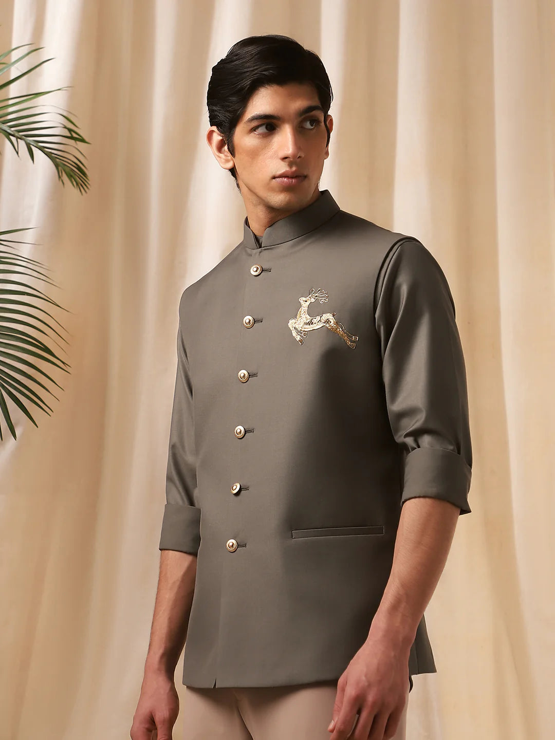 Olive Terry rayon Embroidered Full Sleeve Bandi Shirt