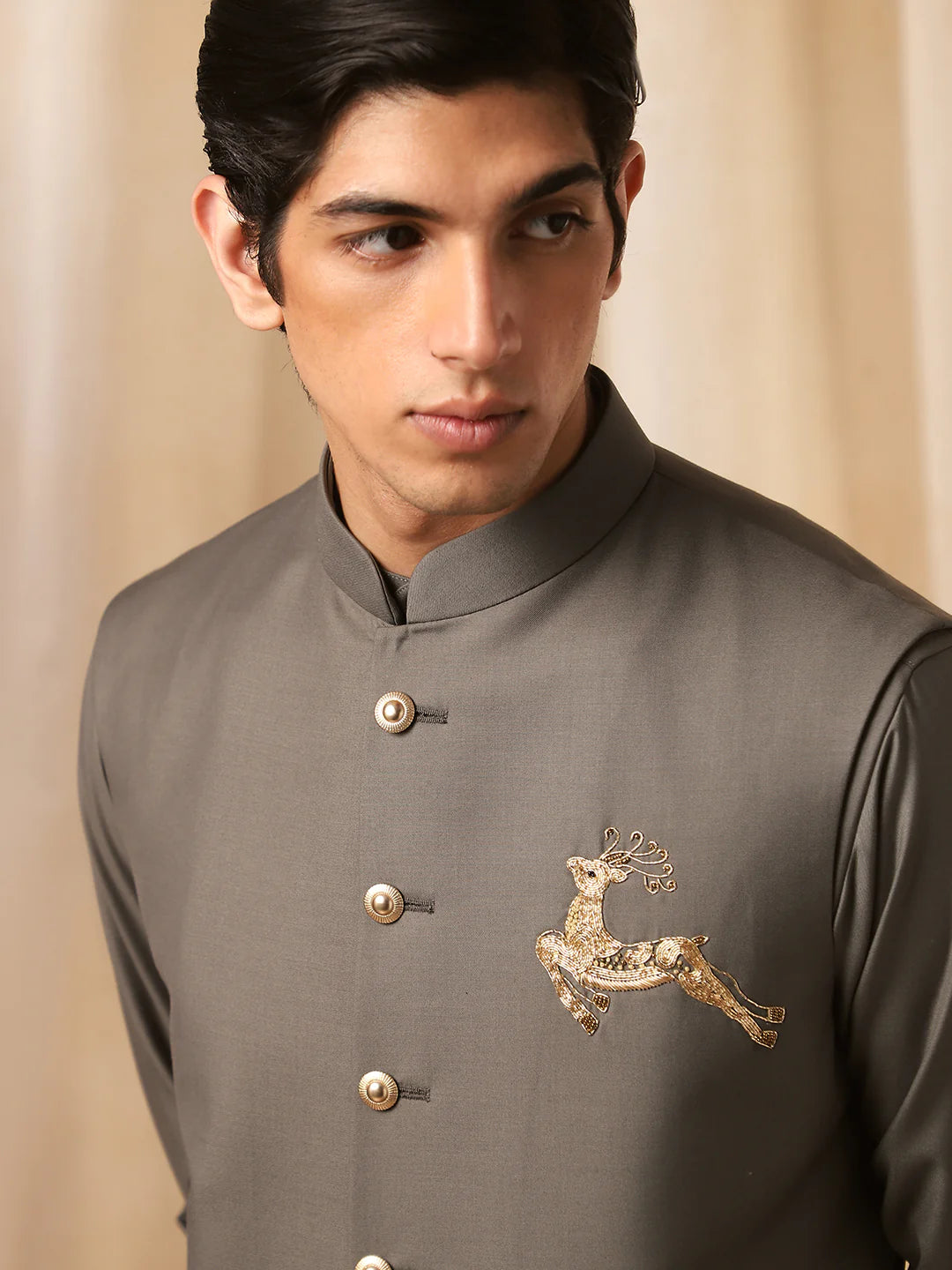 Olive Terry rayon Embroidered Full Sleeve Bandi Shirt