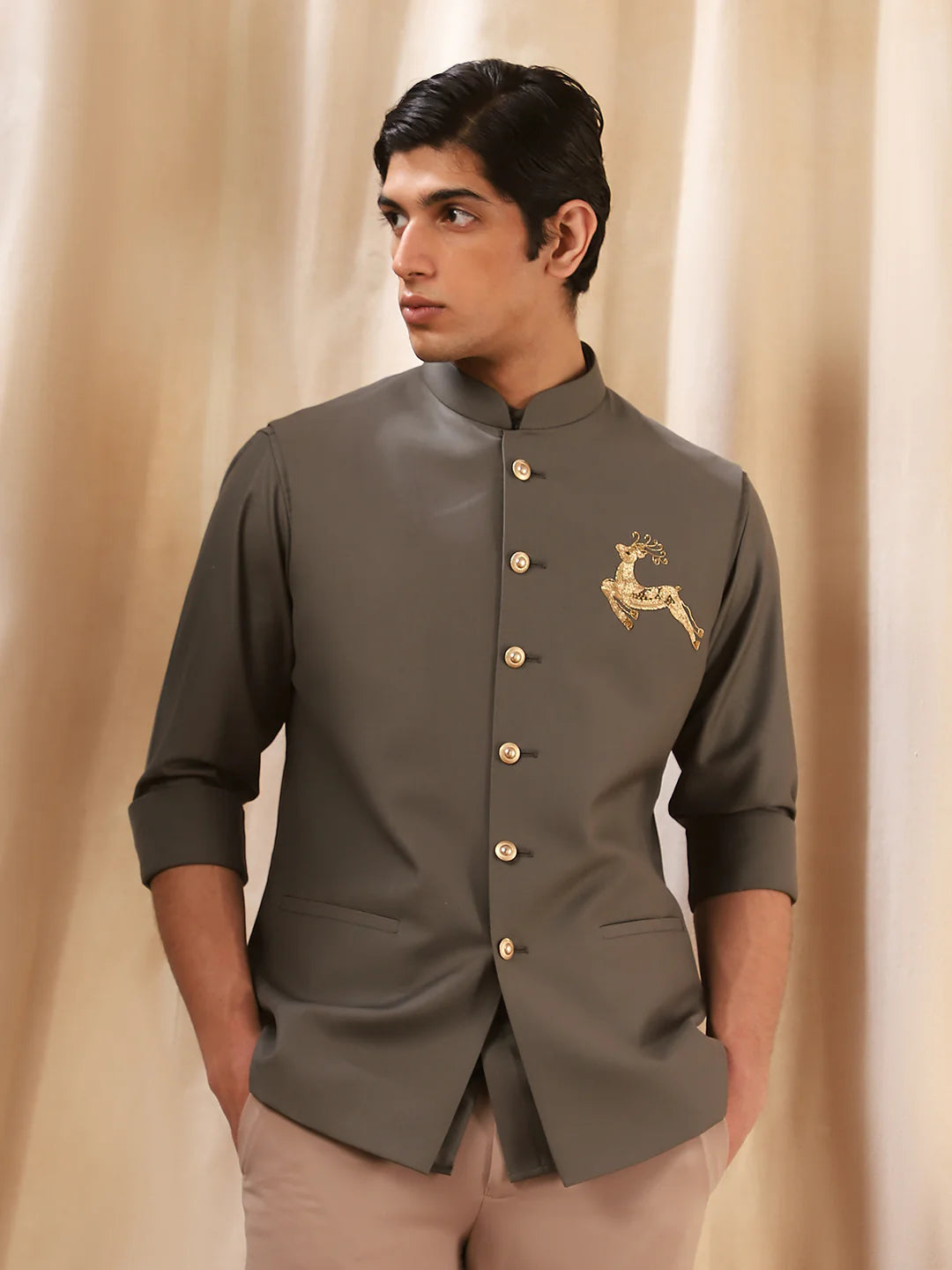 Olive Terry rayon Embroidered Full Sleeve Bandi Shirt