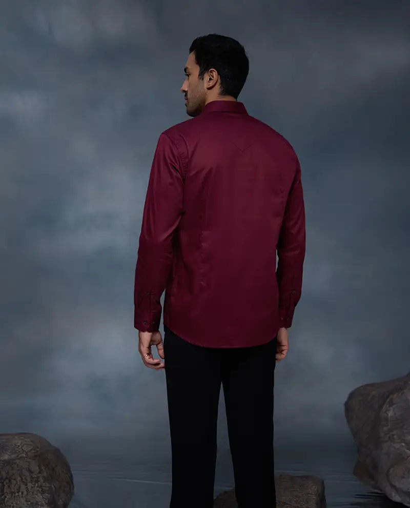 Maroon Elephant Motif Embroidered Premium Cotton Slim Fit Shirt