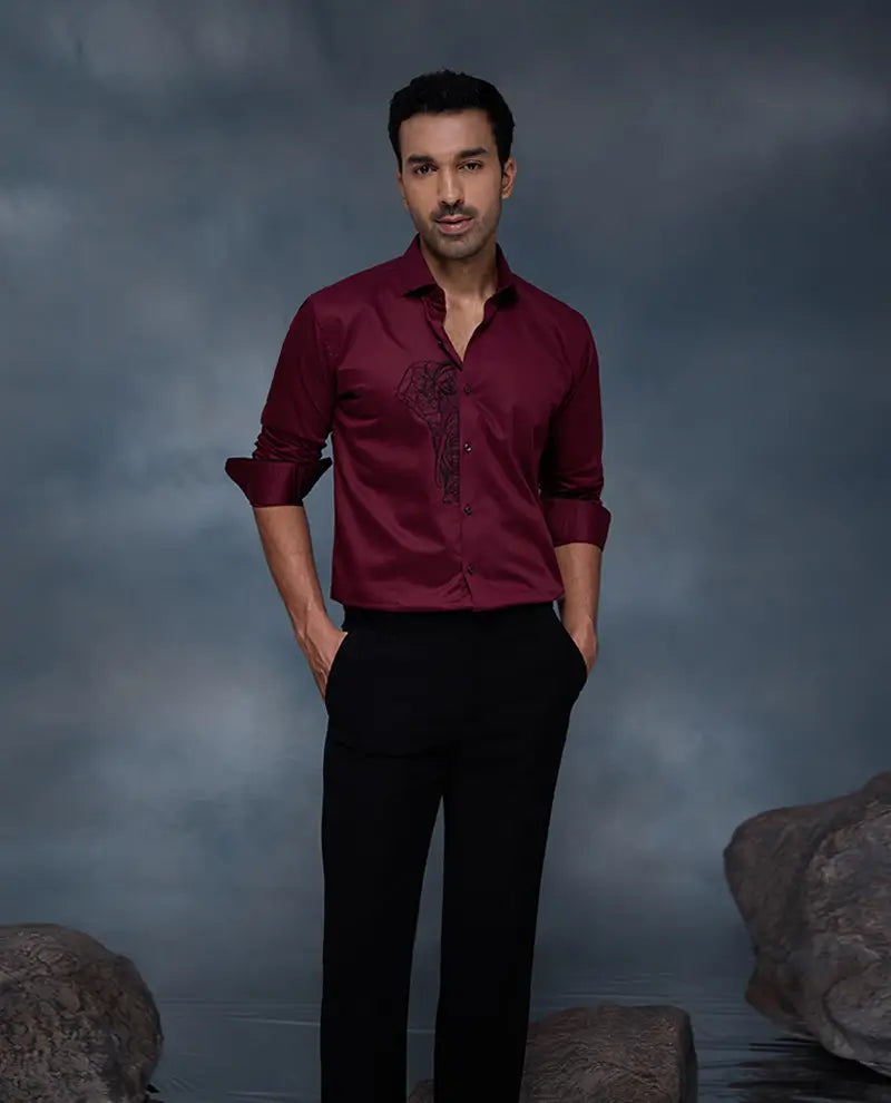 Maroon Elephant Motif Embroidered Premium Cotton Slim Fit Shirt