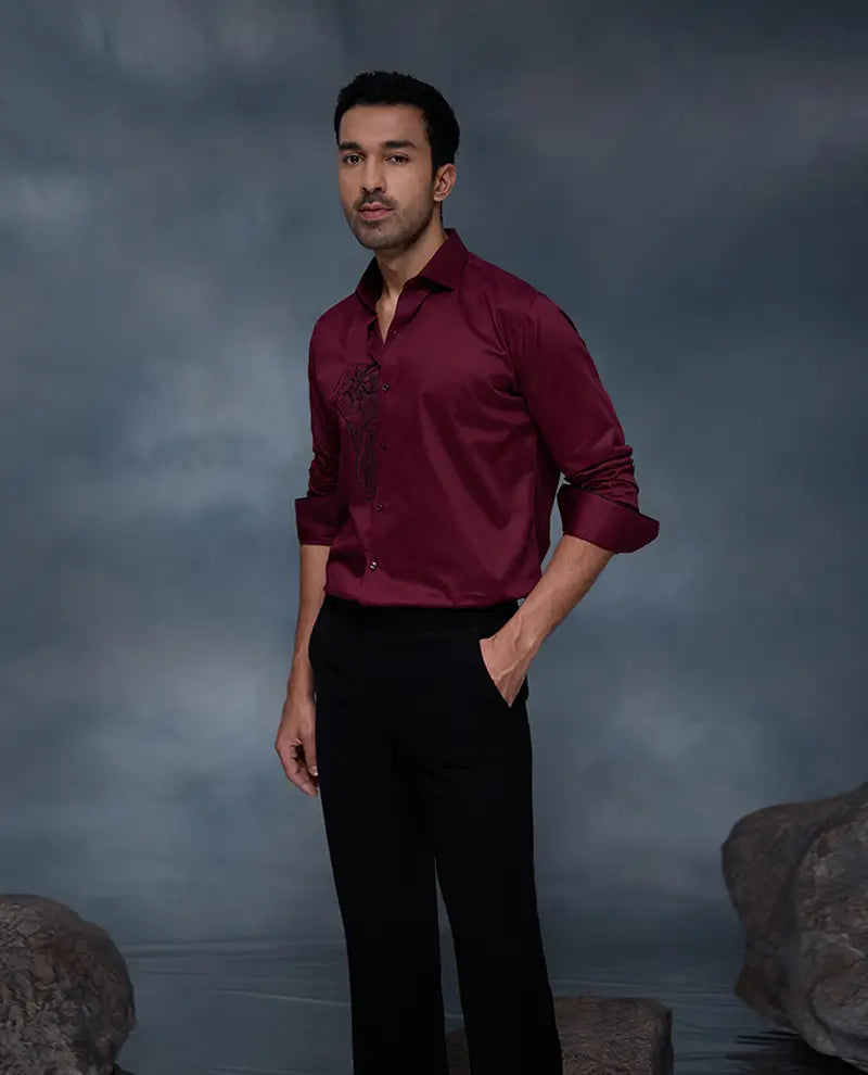 Maroon Elephant Motif Embroidered Premium Cotton Slim Fit Shirt