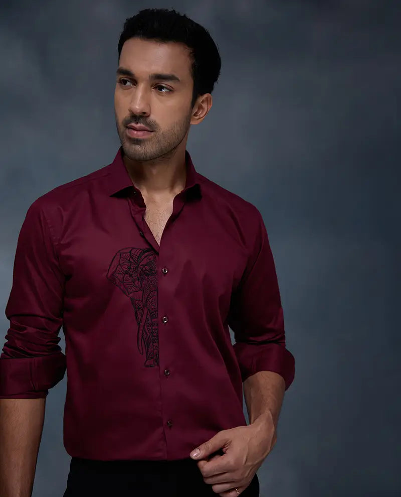 Maroon Elephant Motif Embroidered Premium Cotton Slim Fit Shirt
