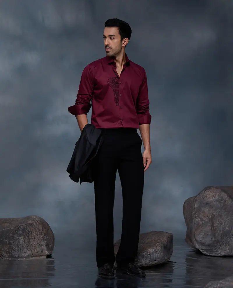 Maroon Elephant Motif Embroidered Premium Cotton Slim Fit Shirt