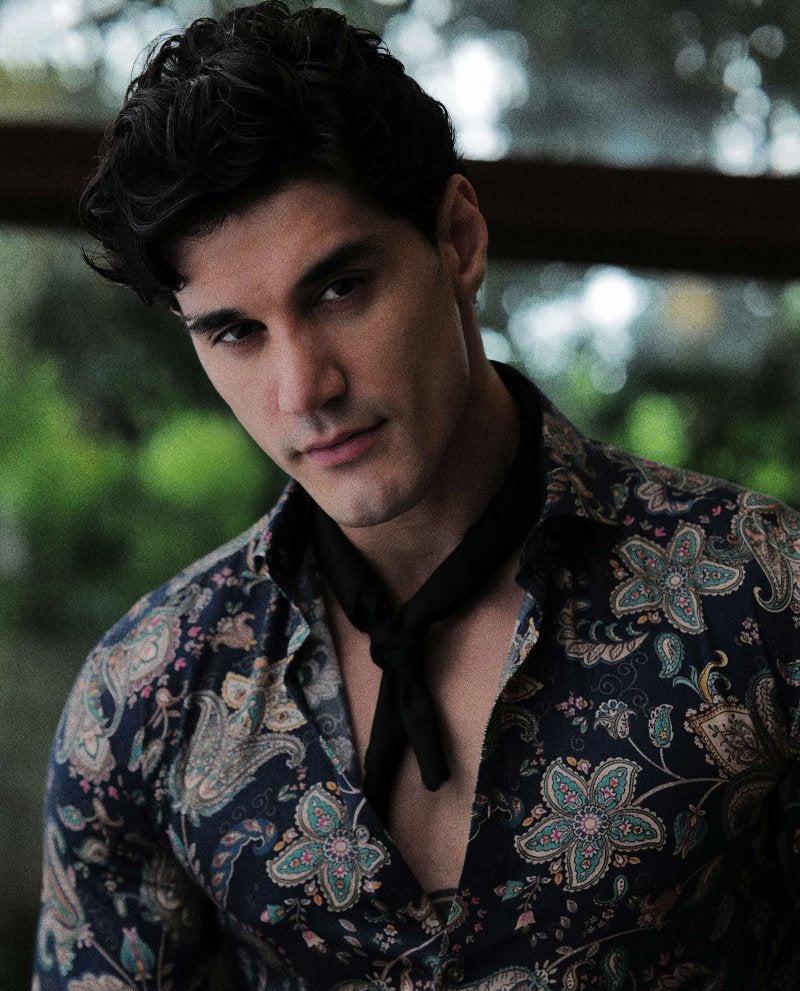 Navy Blue Tencel Print Cotton Cutaway Mens Shirt