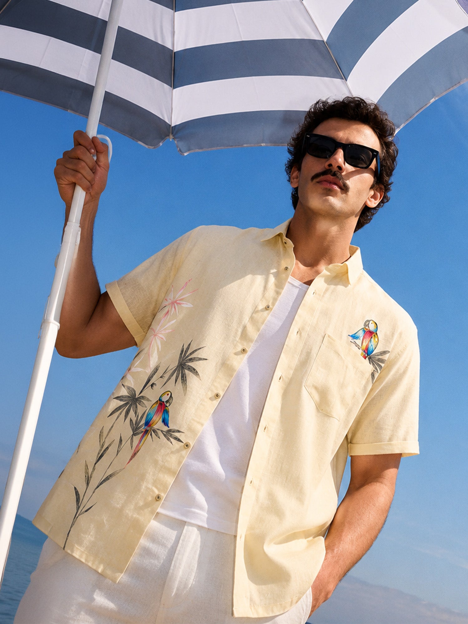 Pastel Yellow Flora & Fauna Hand-Painted Linen Regular Fit Shirt