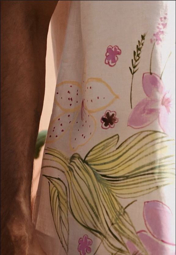 Dull Peach Linen Shirt with Colourful Hand-Painted Floral Art