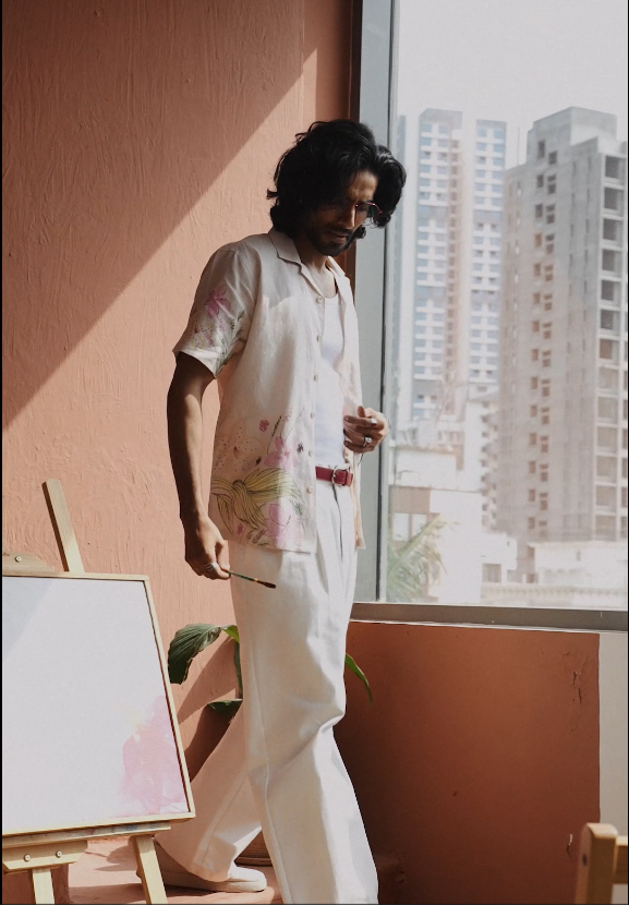Dull Peach Linen Shirt with Colourful Hand-Painted Floral Art