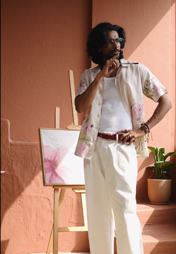 Dull Peach Linen Shirt with Colourful Hand-Painted Floral Art