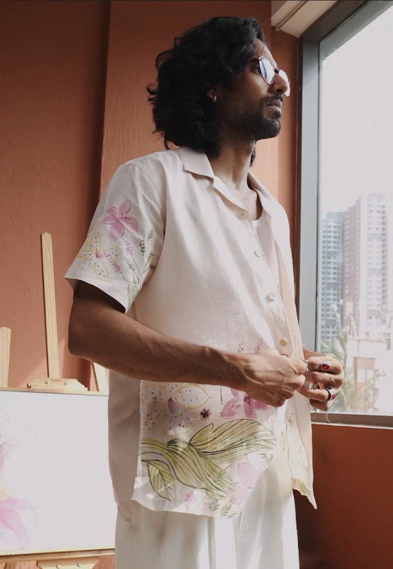 Dull Peach Linen Shirt with Colourful Hand-Painted Floral Art