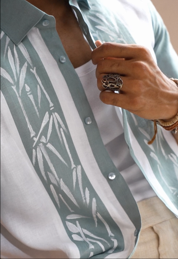 Sage Green and White Linen Shirt with Hand-Painted Bamboo Art