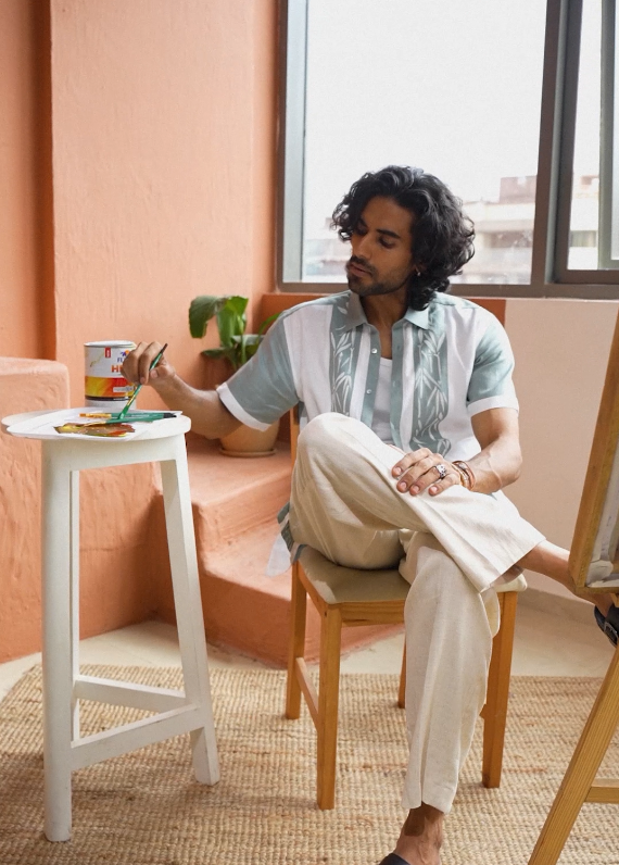 Sage Green and White Linen Shirt with Hand-Painted Bamboo Art