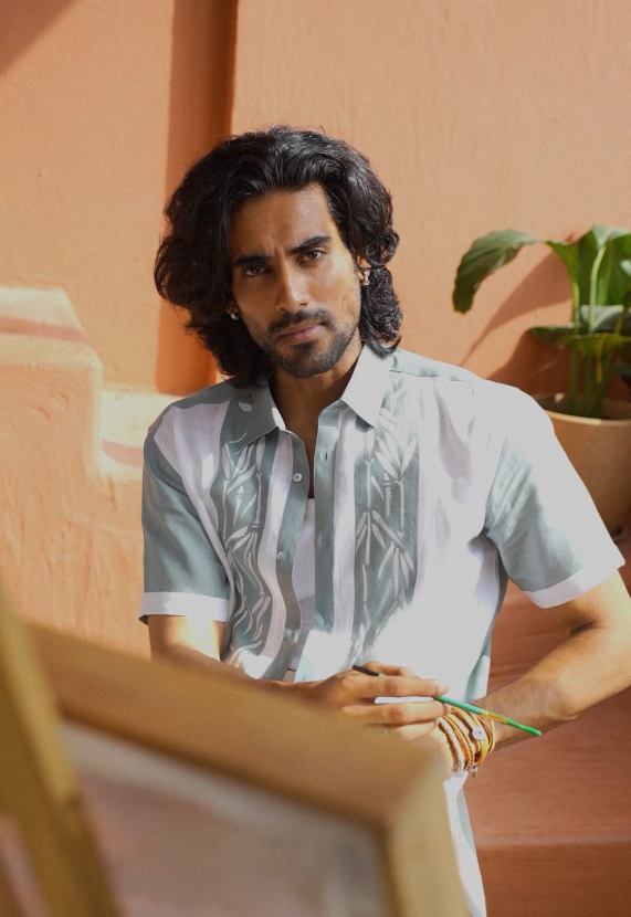 Sage Green and White Linen Shirt with Hand-Painted Bamboo Art