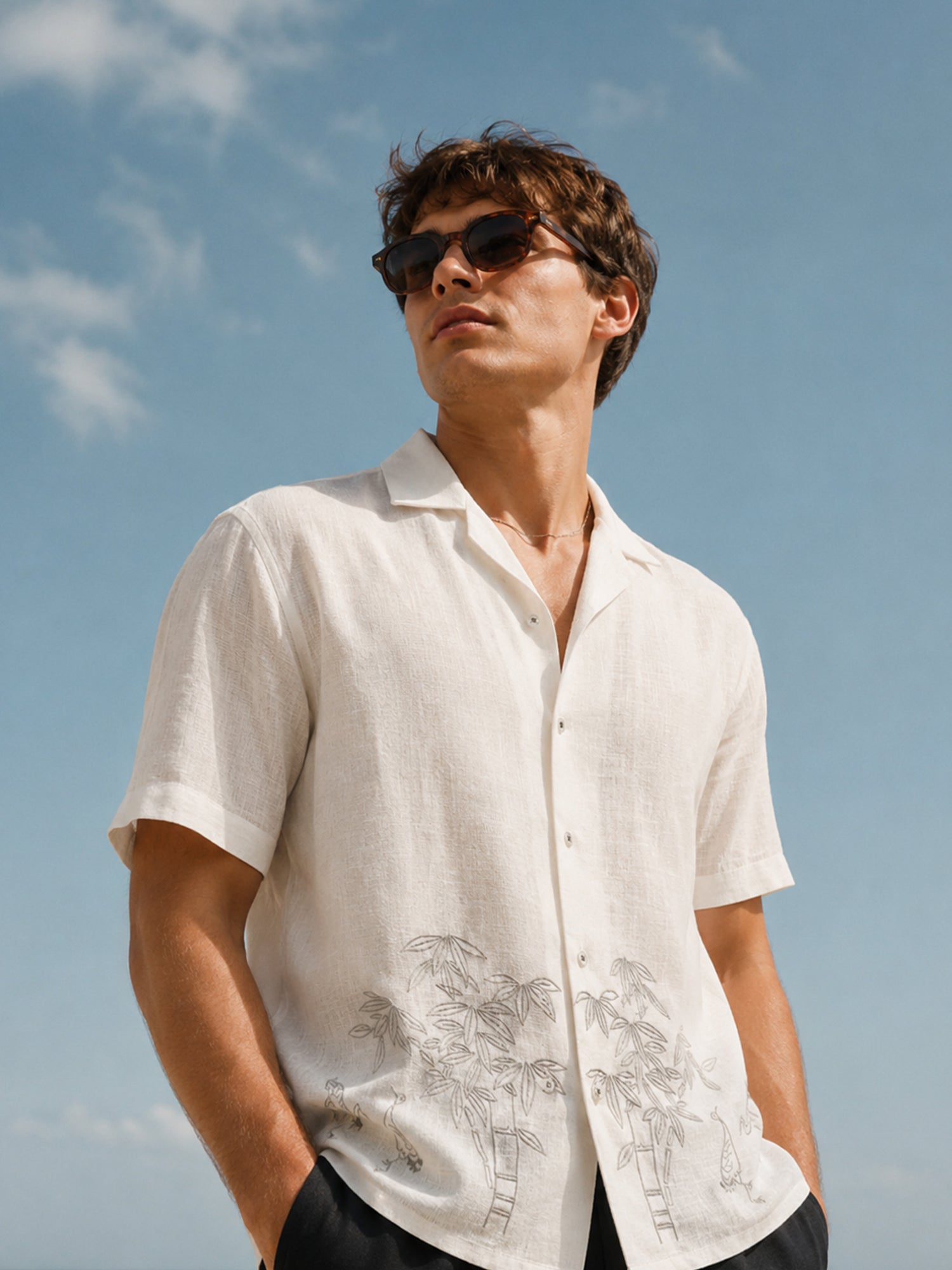 White Minimal Bamboo Embroidery Linen Cuban Regular Fit Shirt