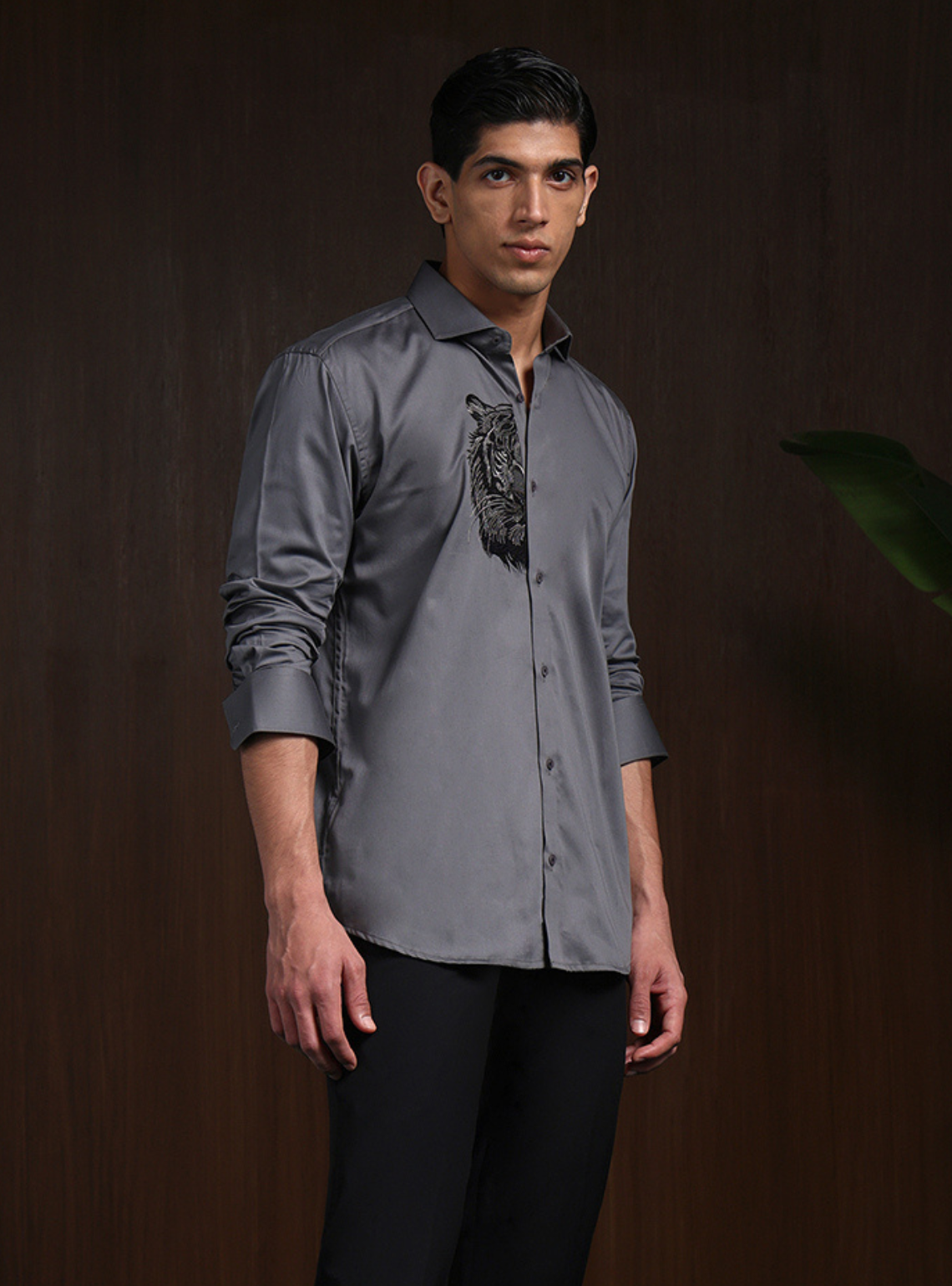 Dark Grey Slim Fit Cotton Shirt with Elegant Embroidery