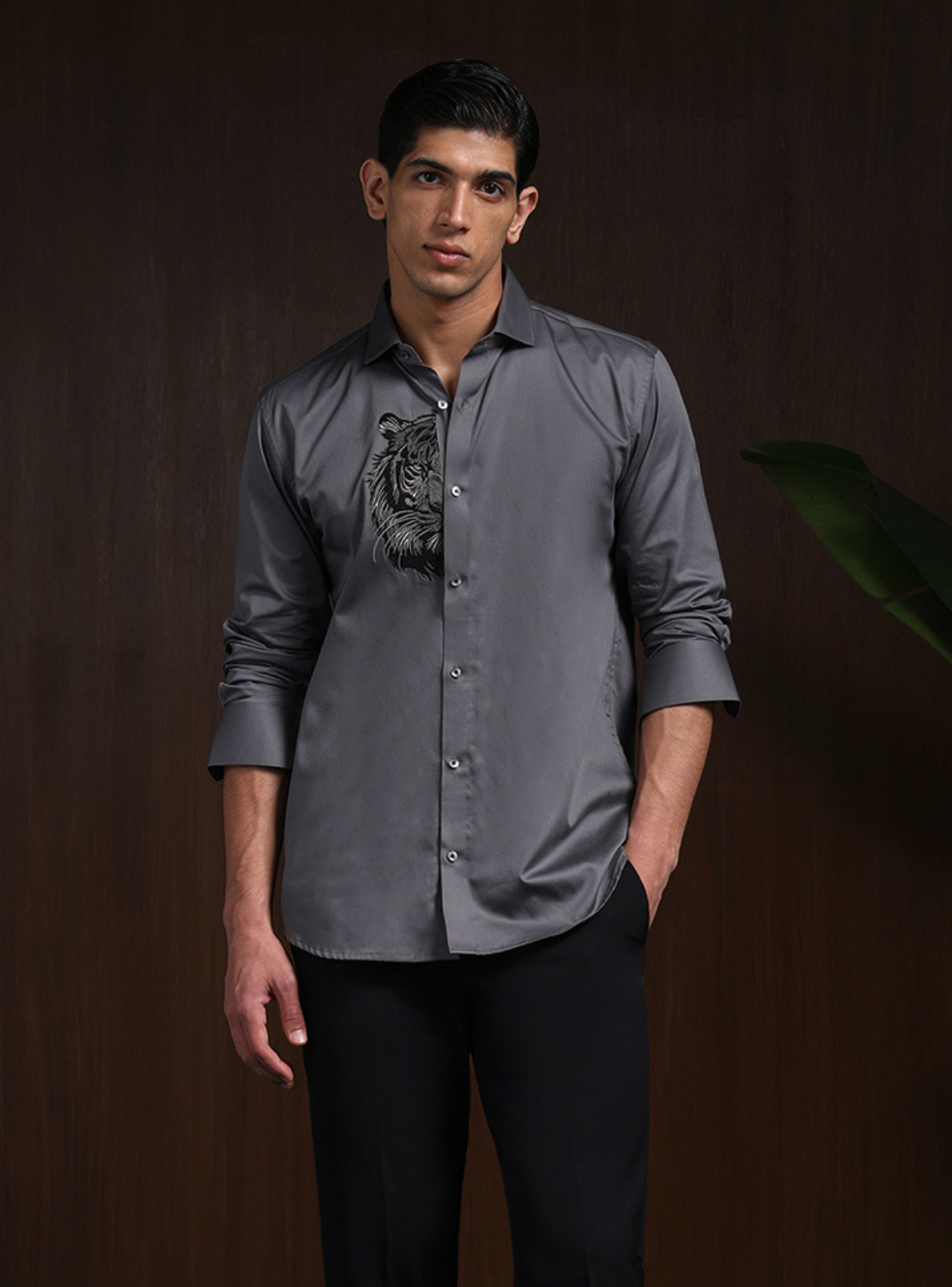 Dark Grey Slim Fit Cotton Shirt with Elegant Embroidery