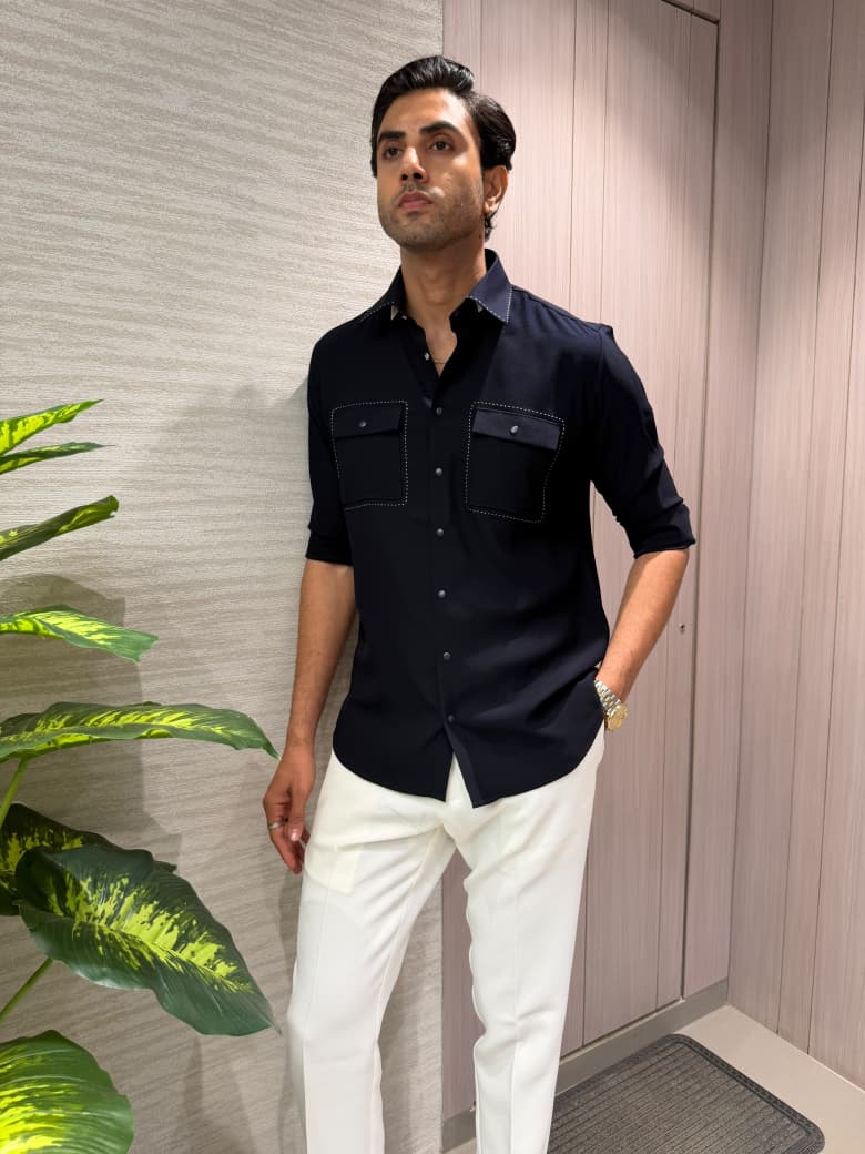Navy Blue Crepe-Tejin Cut & Sew Detailed Slim Fit Shirt