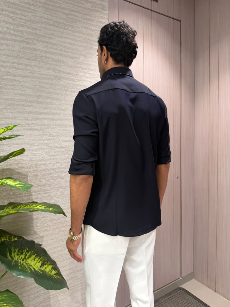 Navy Blue Crepe-Tejin Cut & Sew Detailed Slim Fit Shirt