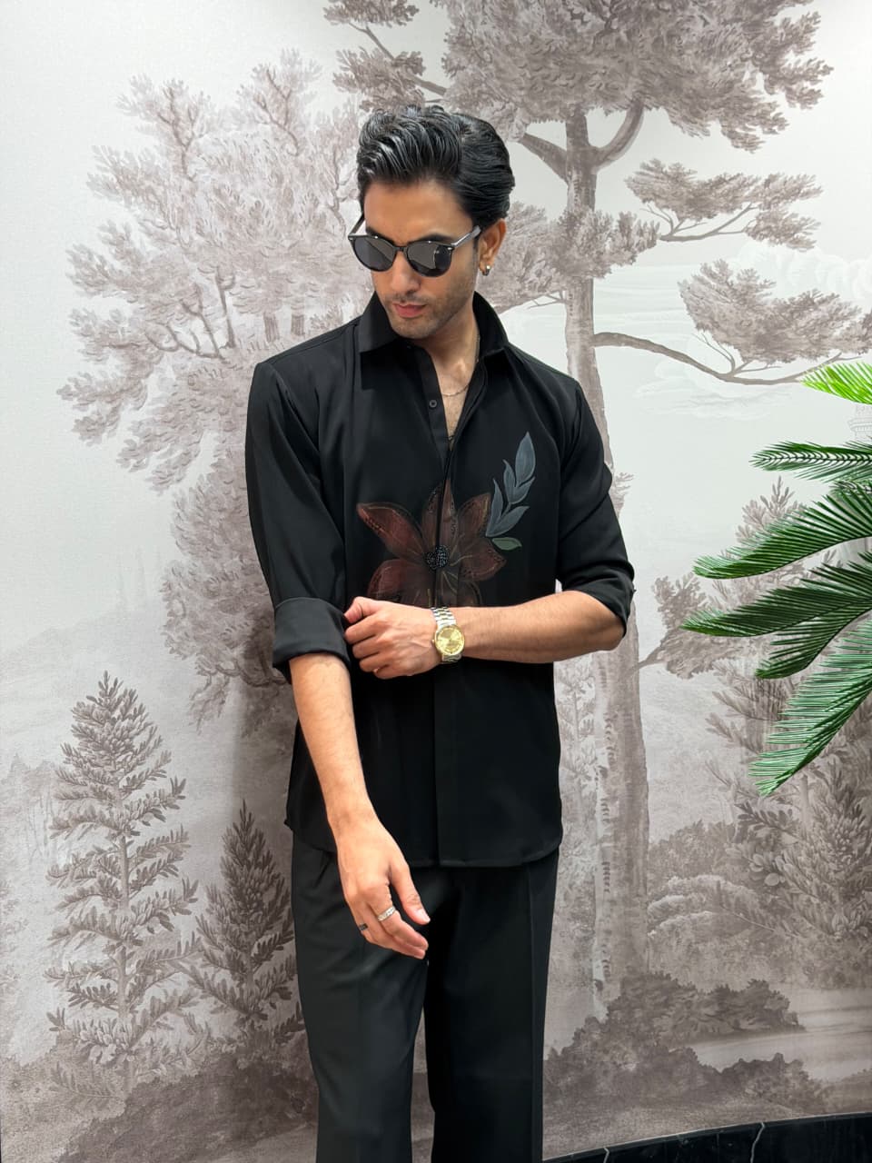 Black Boomario Hand-Print & Embellished Floral Slim Fit Shirt