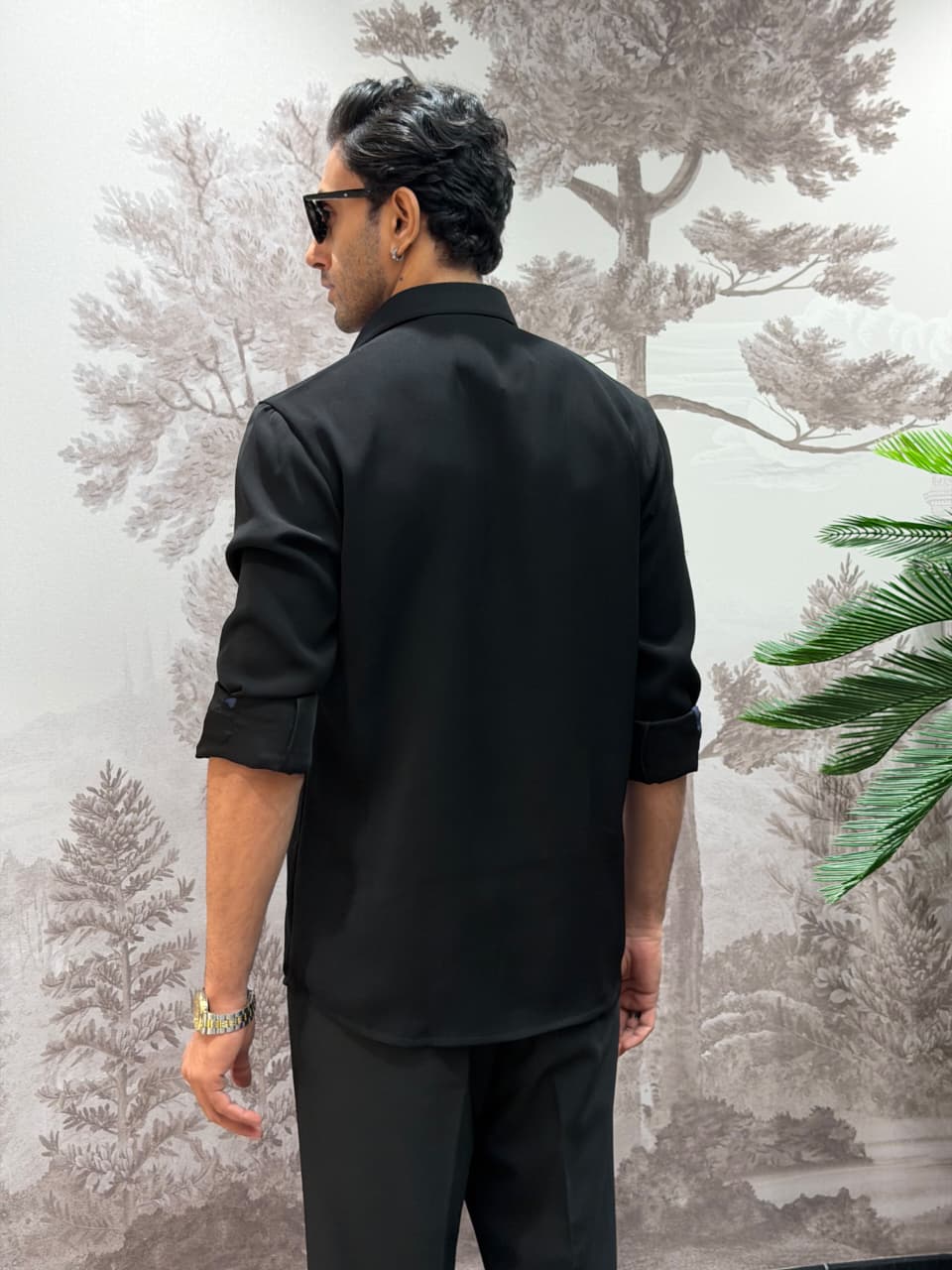 Black Boomario Hand-Print & Embellished Floral Slim Fit Shirt