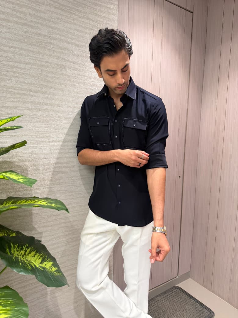 Navy Blue Crepe-Tejin Cut & Sew Detailed Slim Fit Shirt