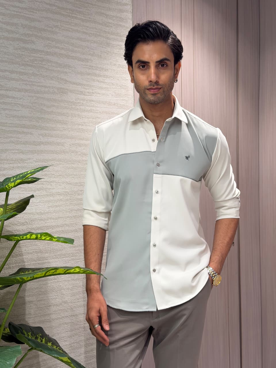 Beige & Sage Colorblocked Designer Twill Slim Fit Shirt