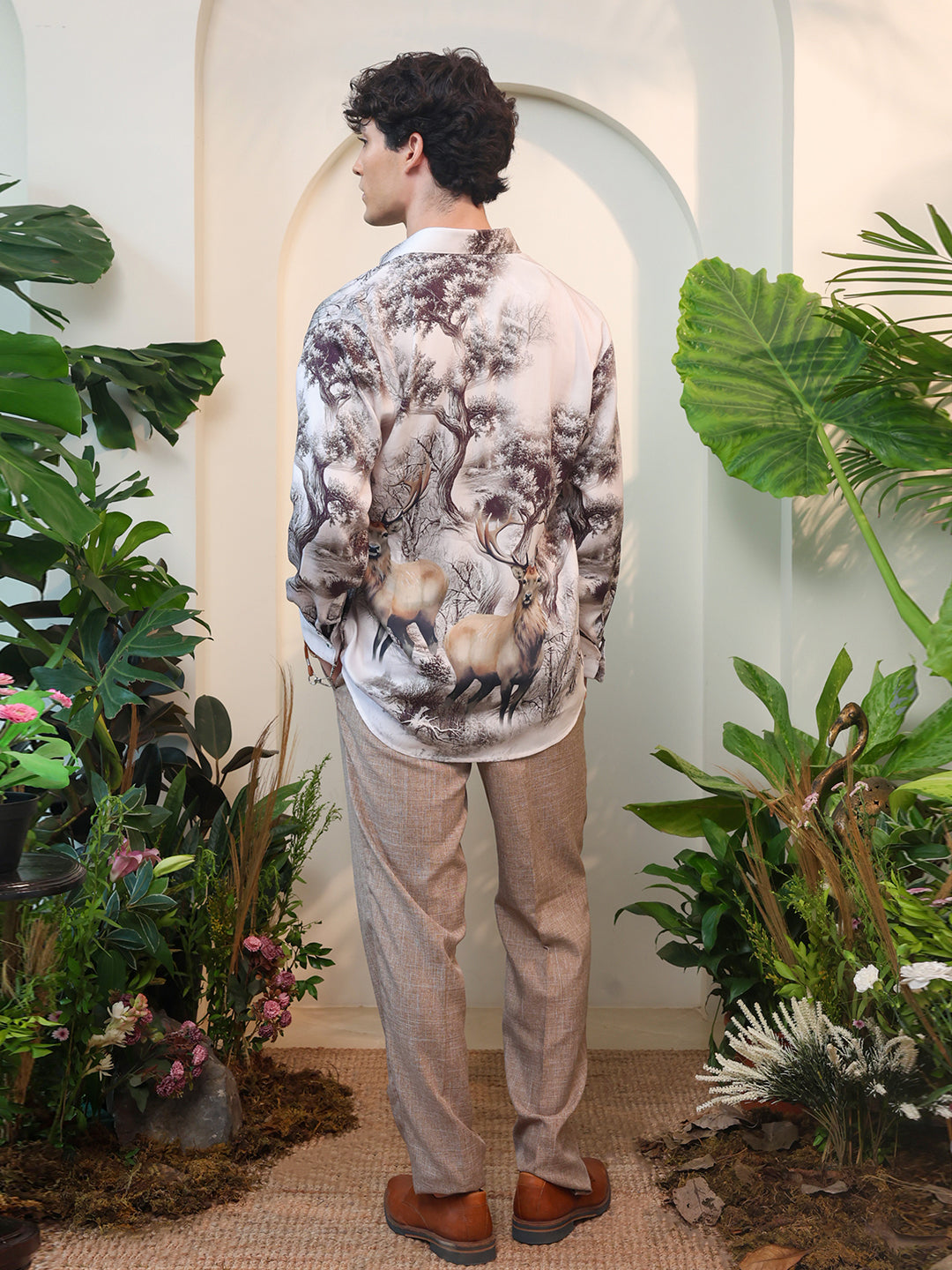 Light Beige Deer & Forest Print Full Sleeve Shirt