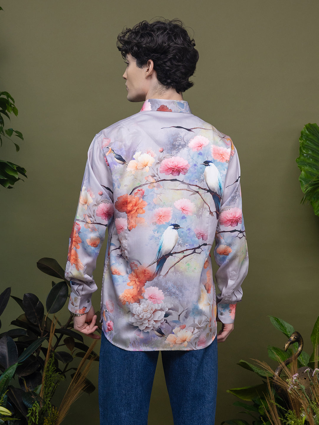 Rose Grey Bird & Multi-Colour Floral Print Full Sleeve Shirt