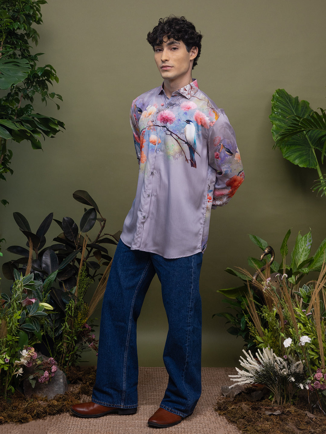 Rose Grey Bird & Multi-Colour Floral Print Full Sleeve Shirt