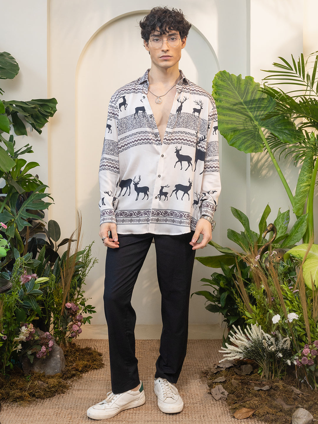 Light Beige Deer Silhouette & Line Pattern Full Sleeve Shirt