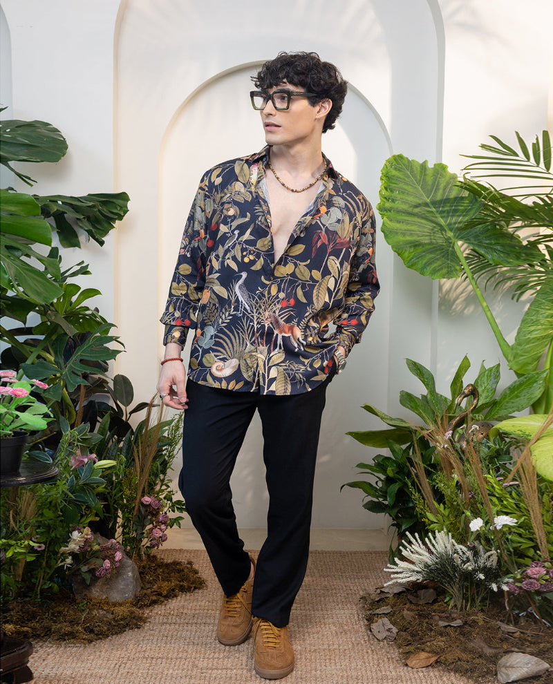 Black Flora & Fauna Print Full Sleeve Shirt