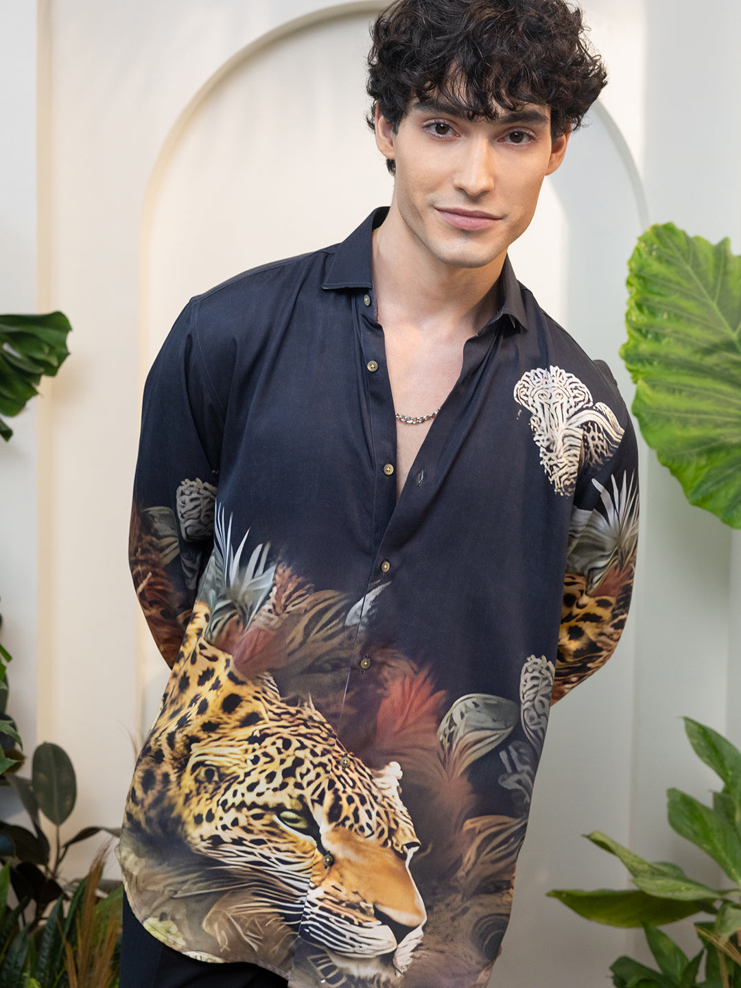Navy Blue Jaguar & Jungle Print Full Sleeve Shirt