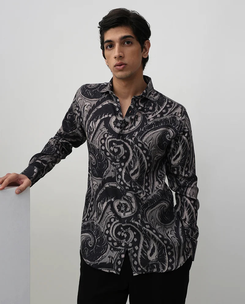 Men's Dark Grey Paisley Printed Tencel Party Wear Shirt