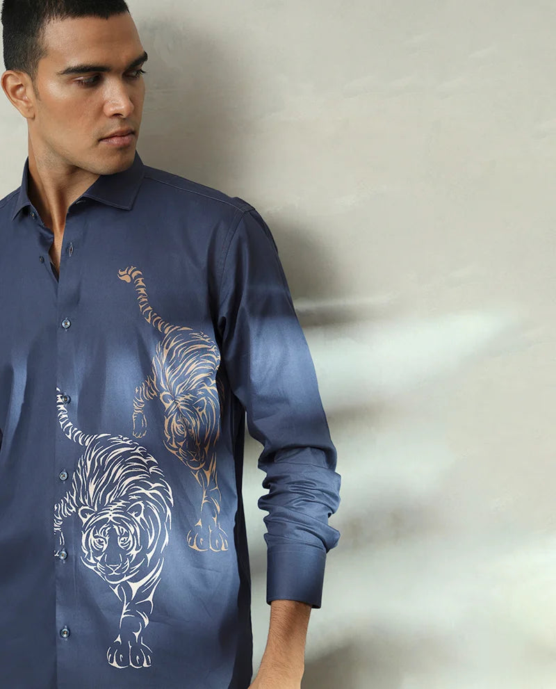 Navy Tiger Printed Luxury Quality Branded Cotton Men's Shirt