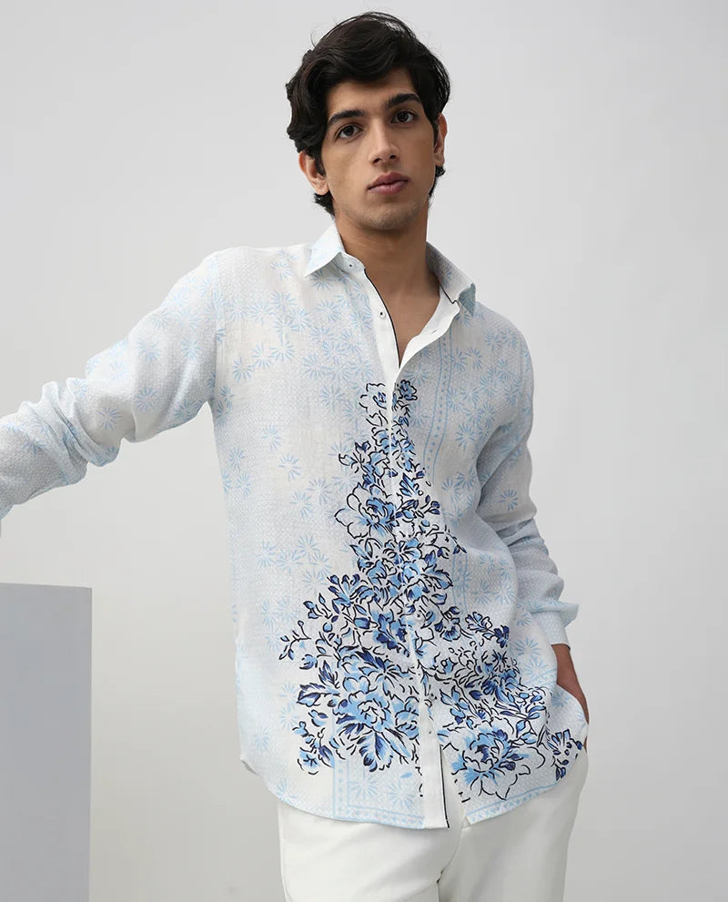 Sky Blue Linen Slim Fit Men's Printed Shirt