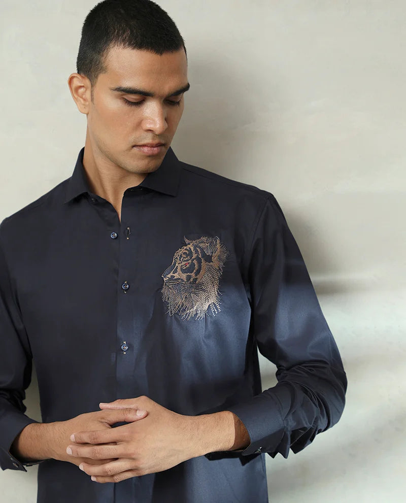 Navy Slim Fit Cutaway Embroidered Men Premium Cotton Shirt India