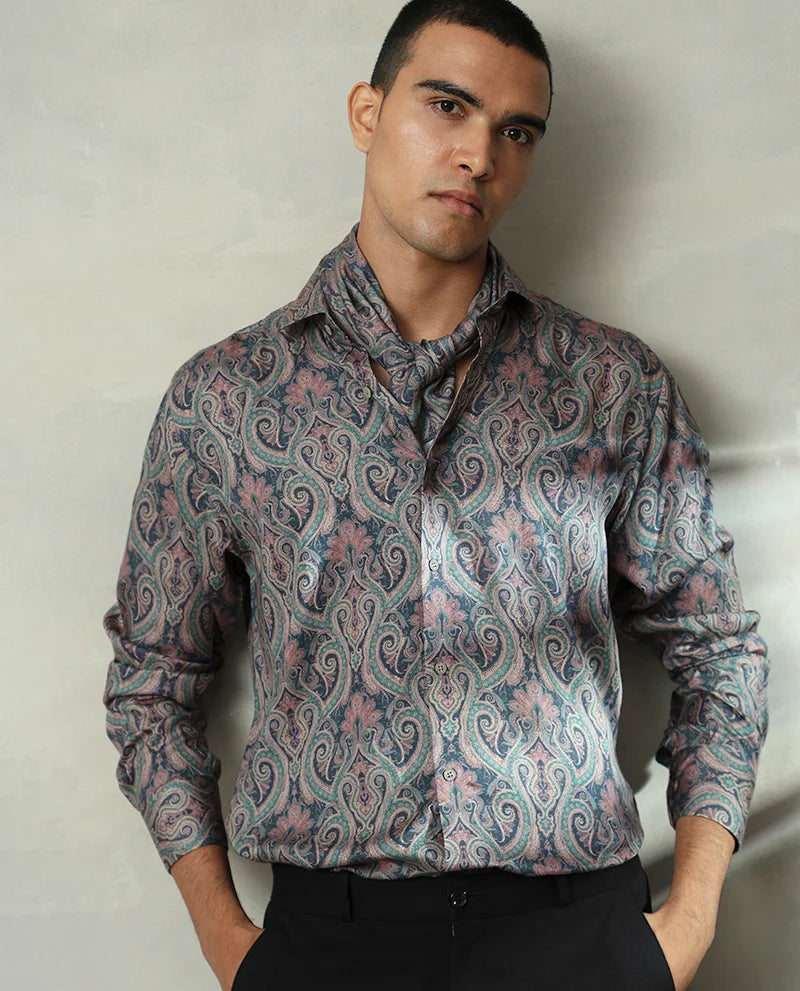 Peacock Print Green Full Sleeves Men's Cotton Shirt