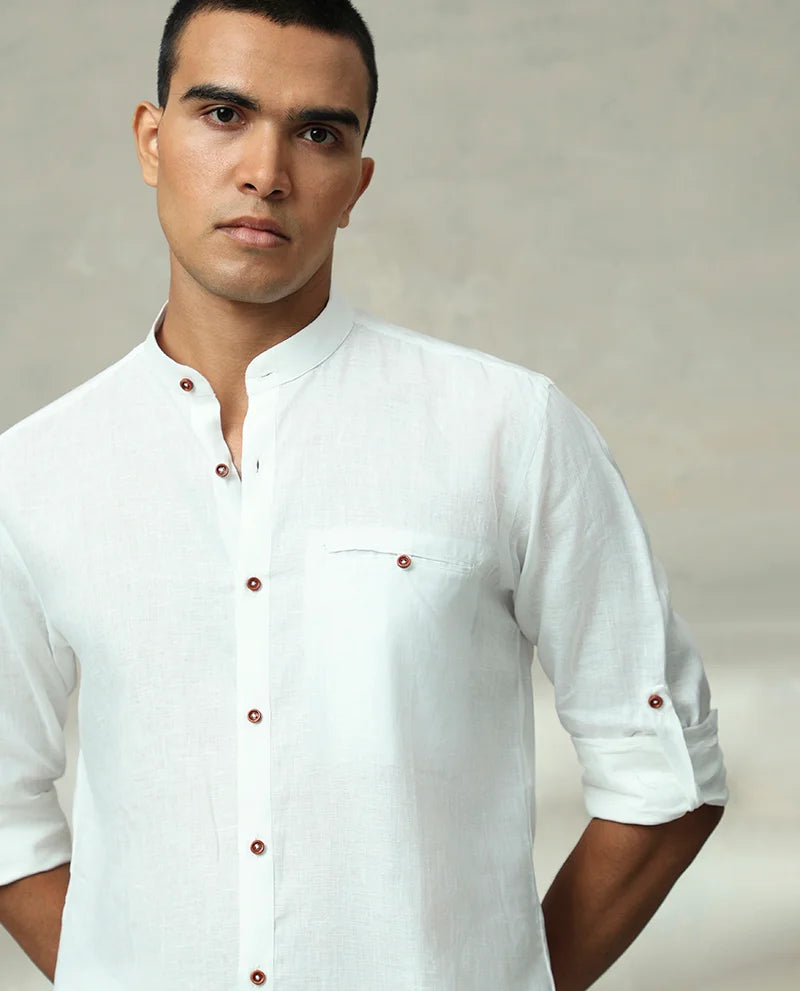 White Plain Chinese Collar Men Cotton Premium Quality Luxury Shirt