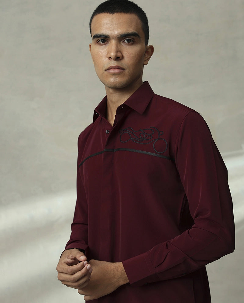 Wine Embroidered Regular Slim Fit Cotton Men Shirt India