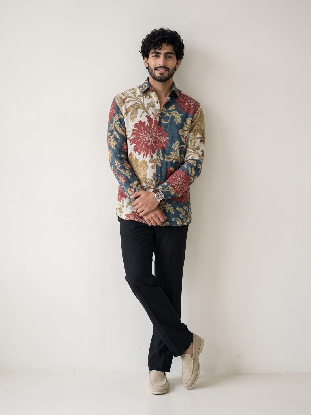 Multicolour Dual-Tone Floral Printed Tencel Slim Fit Shirt